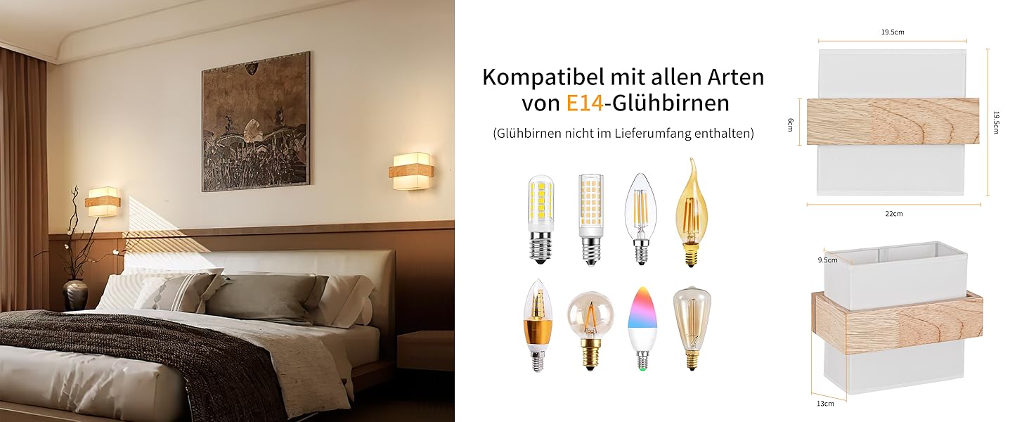 Настінний світильник Gleonlux Wandleuchte Holz, Внутрішнє освітлення в стилі ретро, Boho, Industrial, для дому, сходи, вітальня, спальня, коридор, матеріал: дерево, тканина, цоколь E14, розмір 22.5x13x20 см