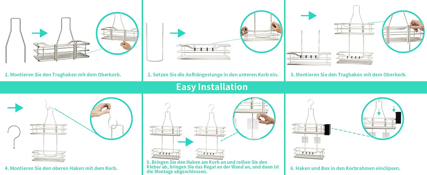 Настінна поличка для душу HapiRm з 4 гачками - регульована, для шампуню та мила, нержавіюча сталь (Sand Nickel)