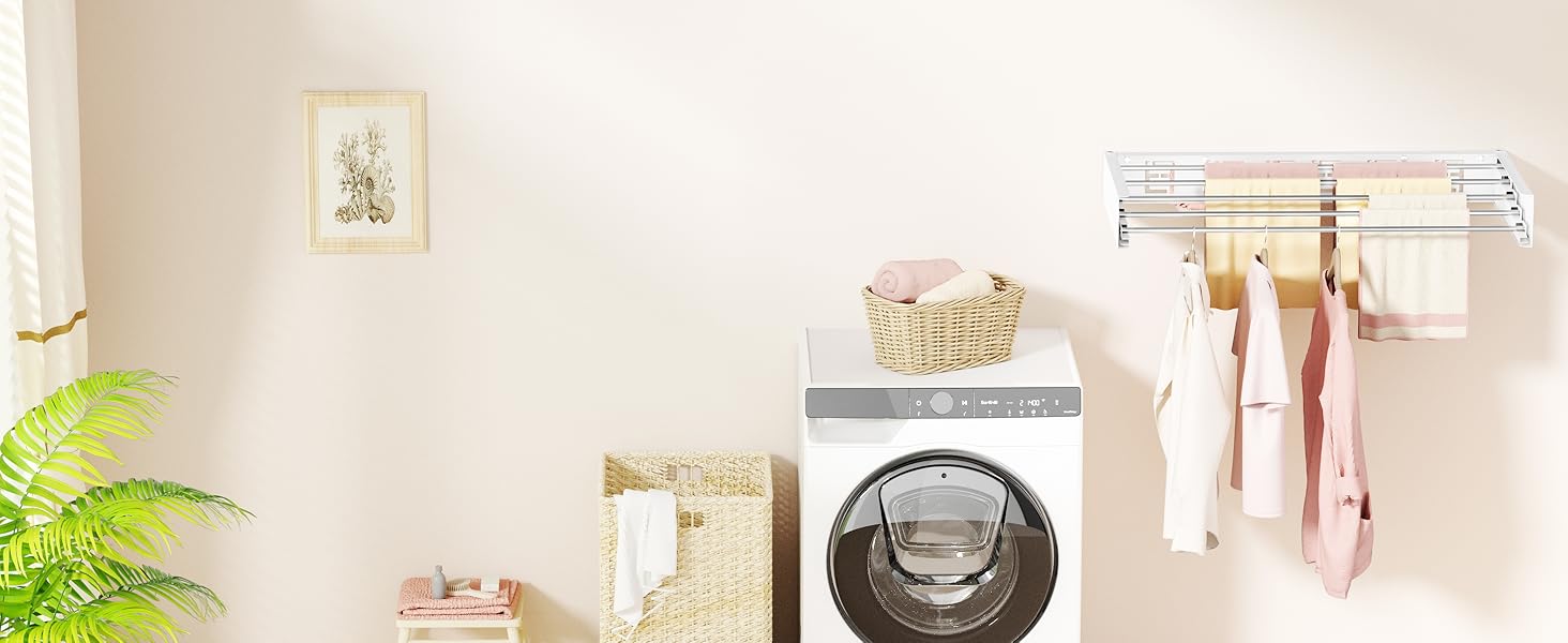 Настінна розкладна сушарка для білизни, компактна сушарка для рушників, висувна з шаблоном для свердління (6 сушарок, білий, 100 см), білий (білий, 80 см)
