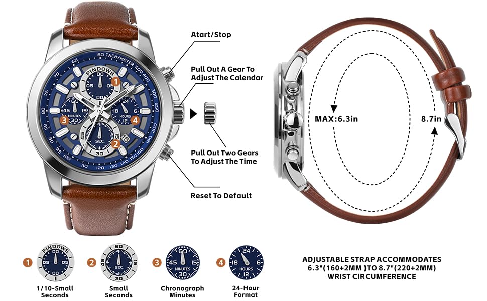 Чоловічий годинник PINDOWS з хронографом, кварцовий, аналоговий, водонепроникний, чорний корпус, чорний/коричневий ремінець, помаранчевий циферблат