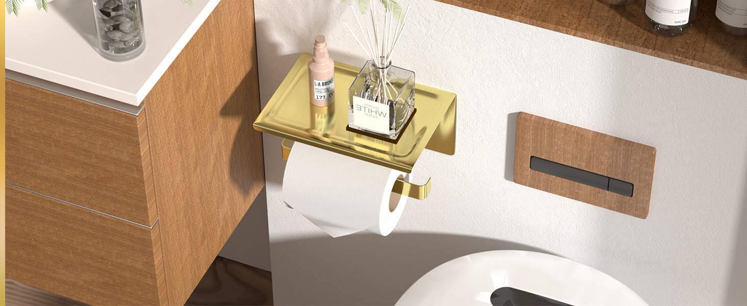 Тримач туалетного паперу HITSLAM без свердління, нержавіюча сталь з полицею, самоклеючий, для ванної кімнати, щіткова мідь