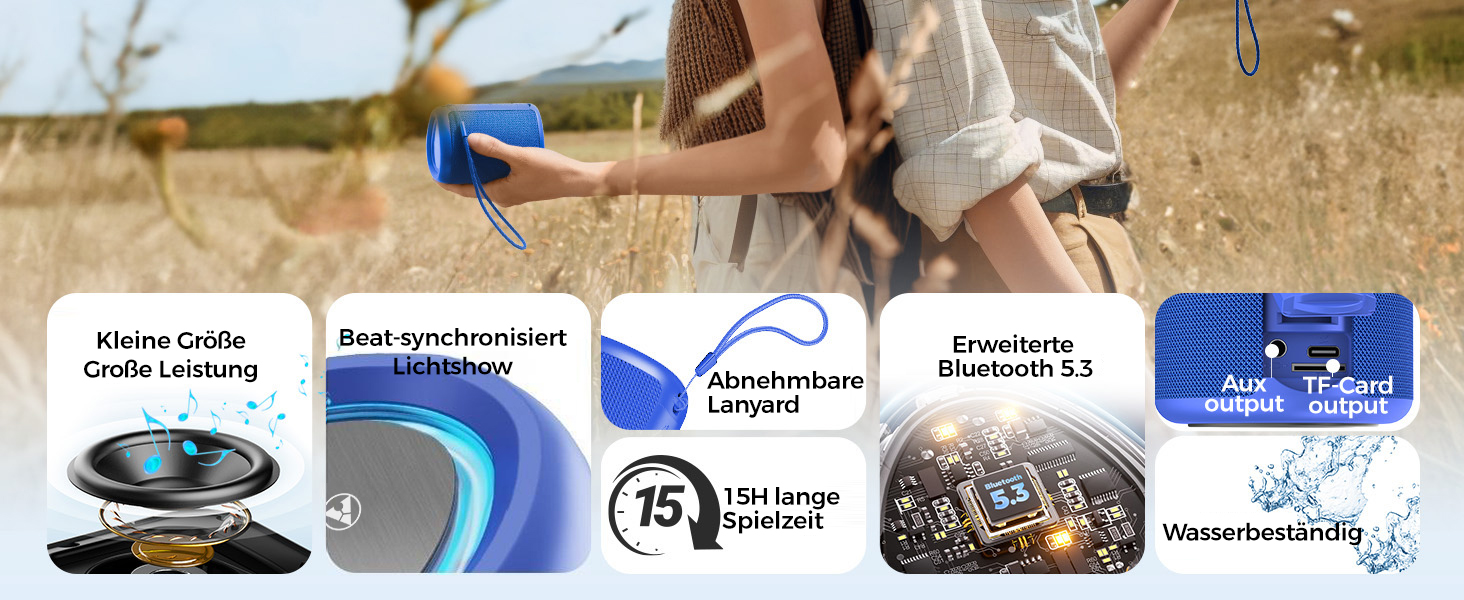 Портативна Bluetooth колонка AY з підсвіткою, водонепроникна IPX5, AUX/TF-карта, 24 год роботи, синя