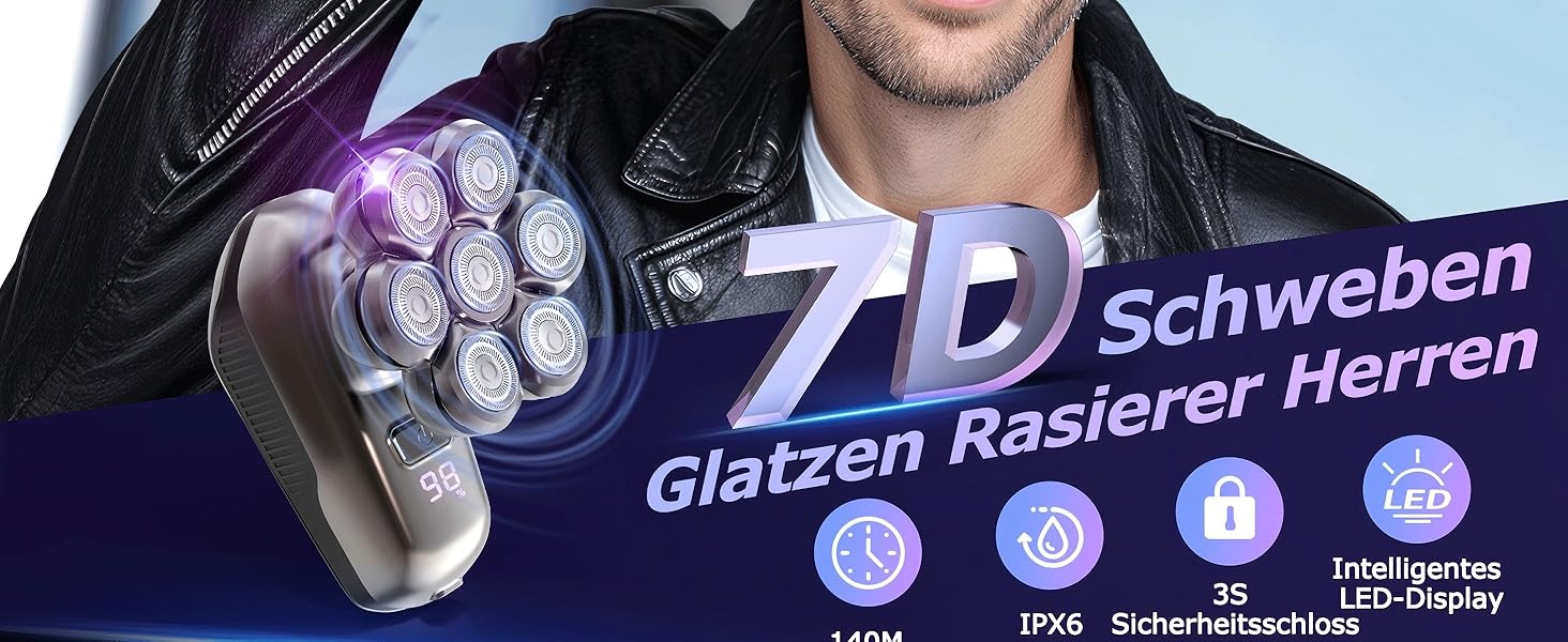 Електрична бритва для гоління голови Glatzen Herren 7D, водонепроникна IPX7, з тримером для бороди та носа, LED-дисплей