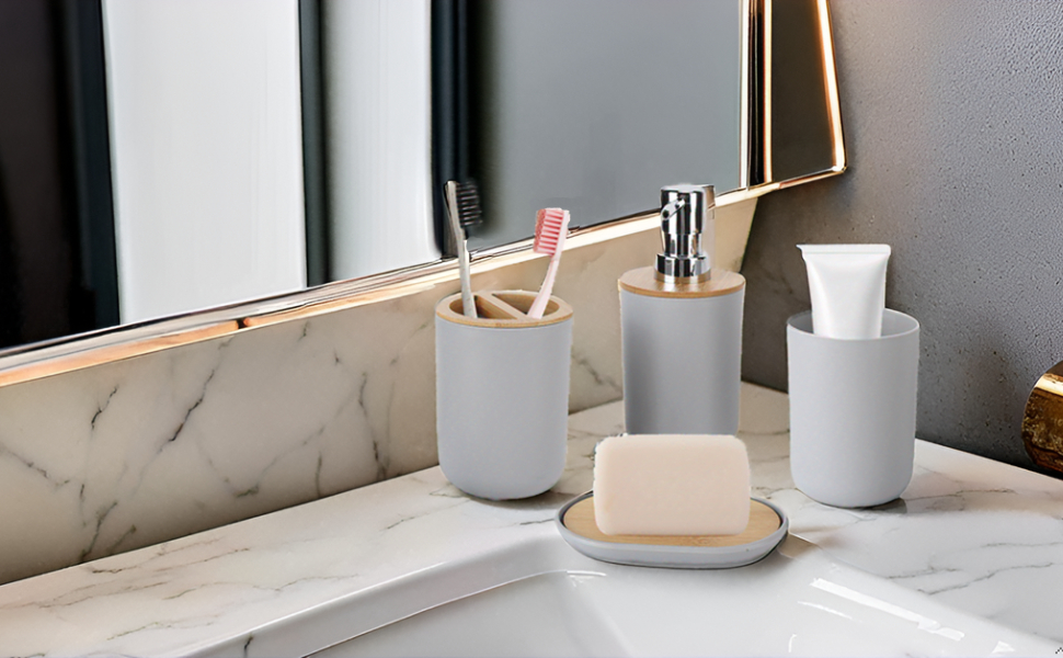Набір аксесуарів для ванної кімнати на 4 предмети: тримач для зубних щіток, мильниця, дозатор для лосьйону, стакан для ополіскувача, сучасне оздоблення для дому та готелю (сірий)