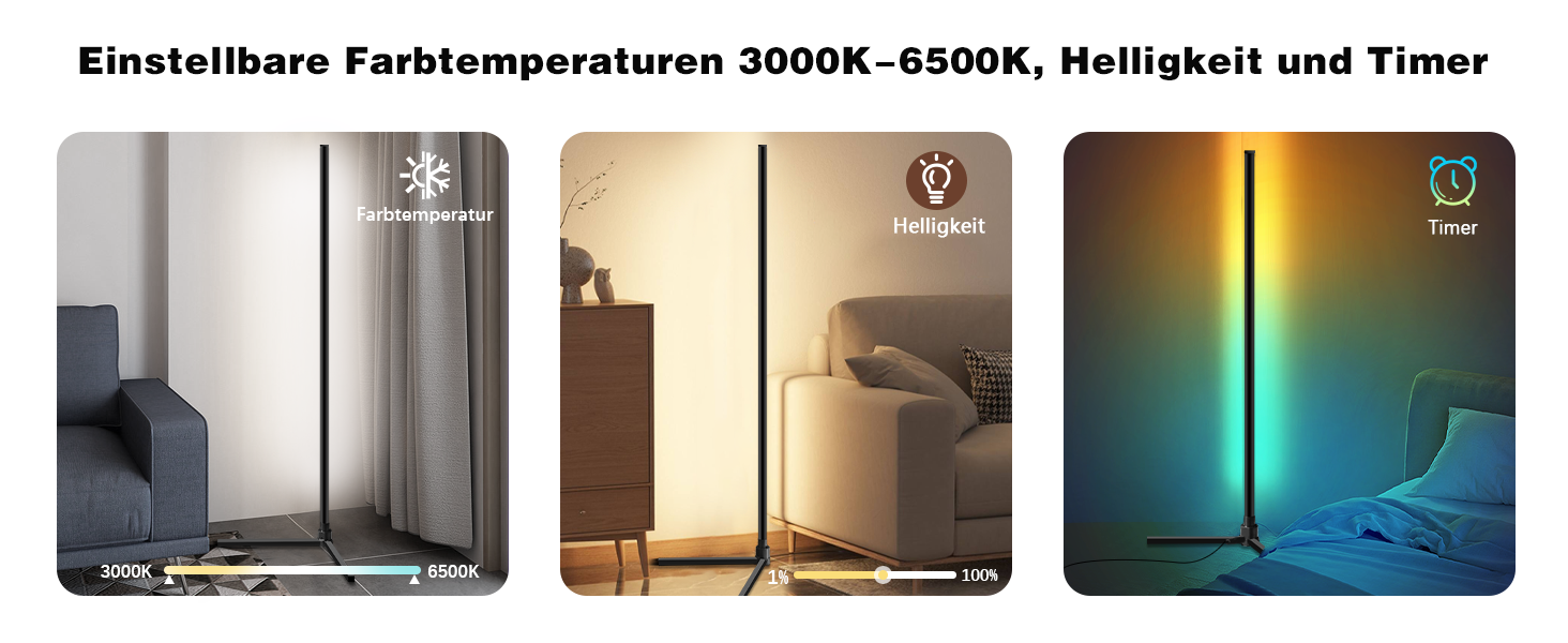 LED кутова лампа Fortand з Wi-Fi, RGB, диммування, сумісна з Alexa/Google Home, з пультом, 155 см, трикутна база