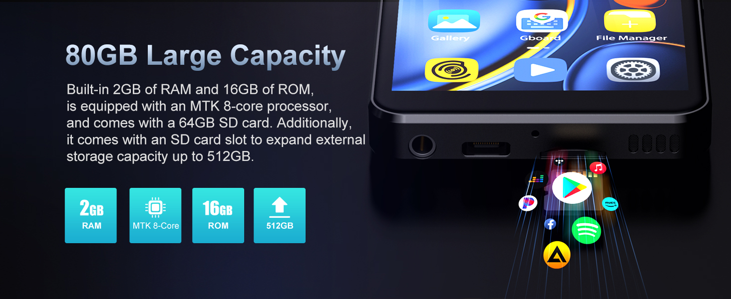 MP3 плеєр Oilsky 80GB з Bluetooth, WiFi та Android 9.0, 4