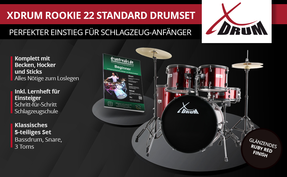 XDrum Rookie 22' барабанний комплект Ruby Red - ідеальний для початківців, стильна фурнітура, з паличками 5B та інструкцією