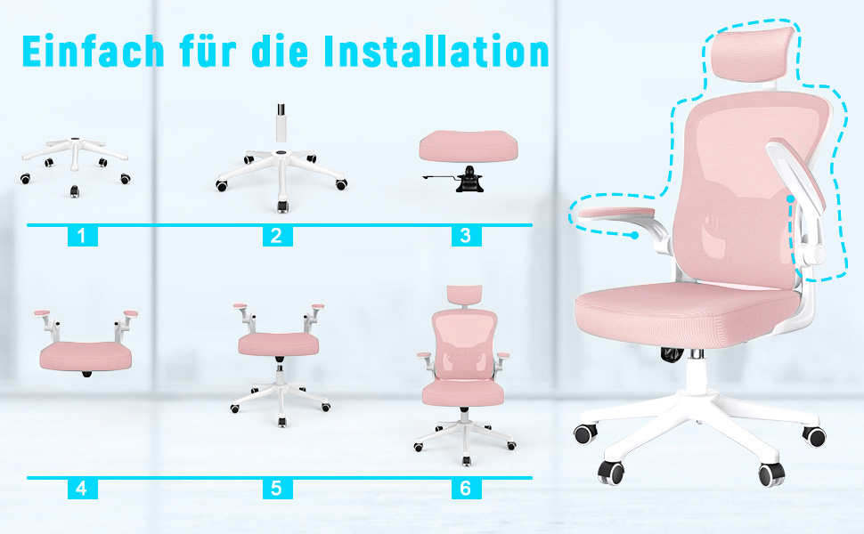 Офісний стіл Rattantree: ергономічний крісло з підтримкою попереку, регульовані підлокітники, регулювання висоти, поворотне крісло з дихаючою спинкою для офісу/кабінету (рожевий, з підголовником)