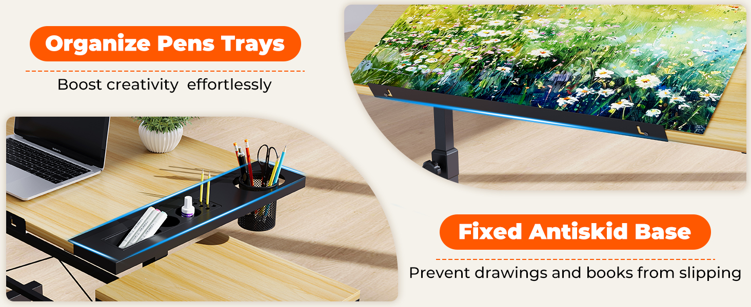 Adjustable Drafting Table with Tilt - 0-60° - Includes Stool & Storage - Wood Finish for Home & Office