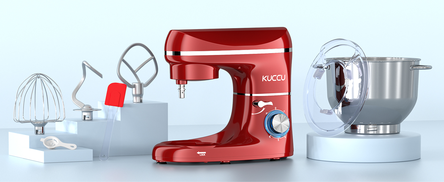 Кухонний комбайн-міксер 1500W з чашею з нержавіючої сталі 7л, планетарний міксер для тіста з 6 швидкостями та набором насадок (гак, вінчик, міксер), червоний