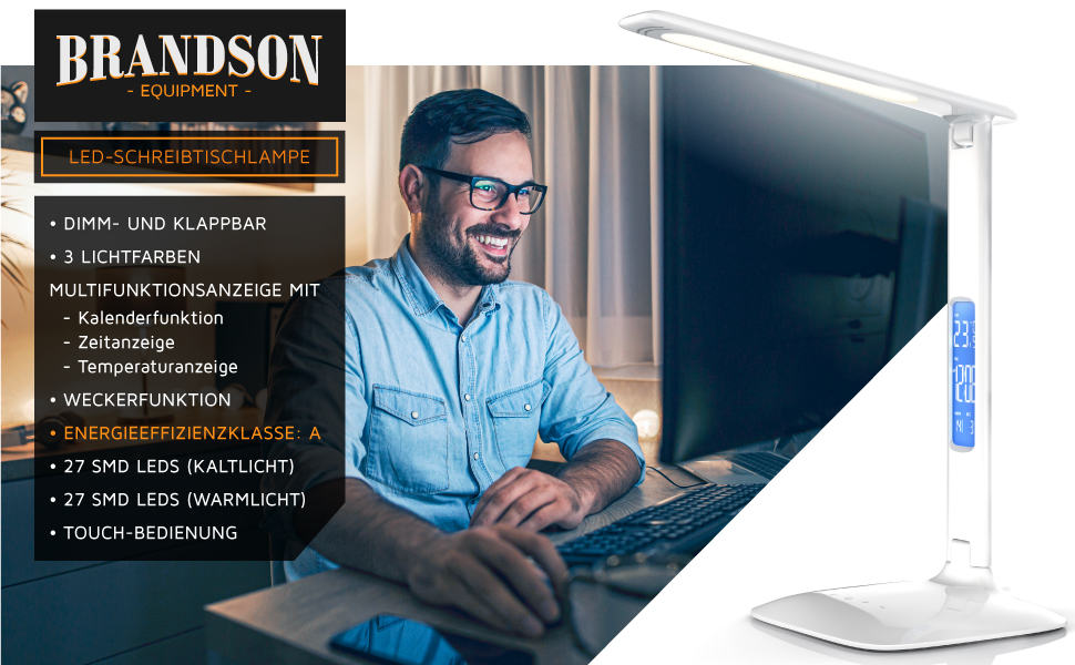 Світлодіодна настільна лампа Brandson з регулюванням яскравості, захистом очей, 3 режимами світла, термометром, годинником та календарем (Біла)