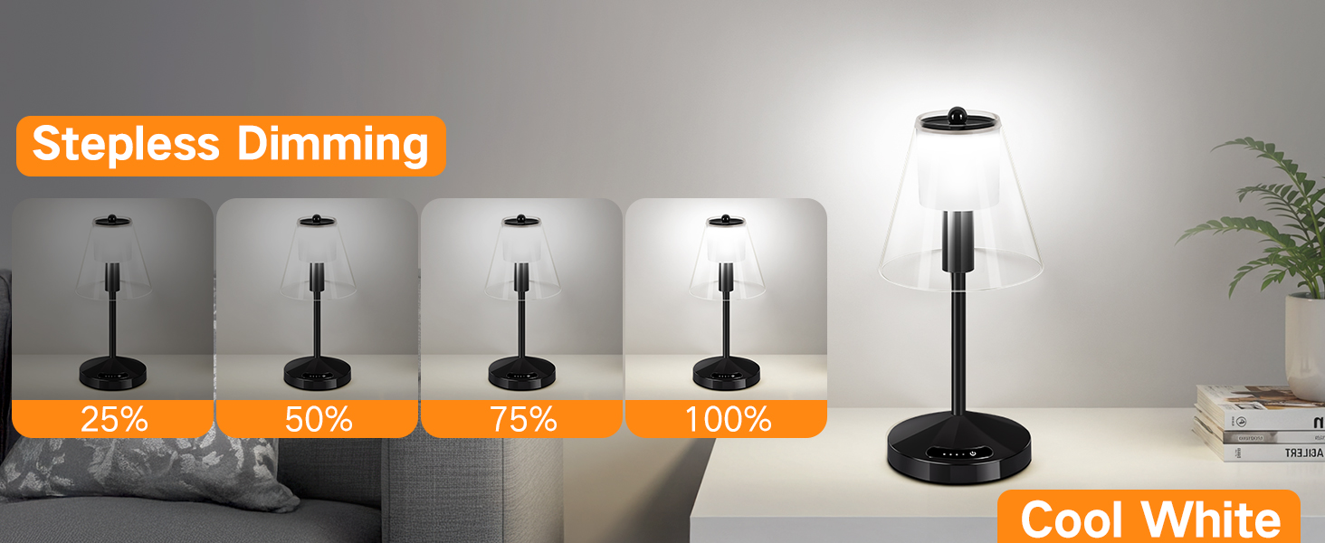 OUTON Бездротова LED-лампа настільна з торканням, регулювання яскравості, 3 режими кольору (3000K–6000K), акумулятор 4000mAh, USB-C, до 120 годин роботи, пам'ять, для спальні, бару та декору, чорна