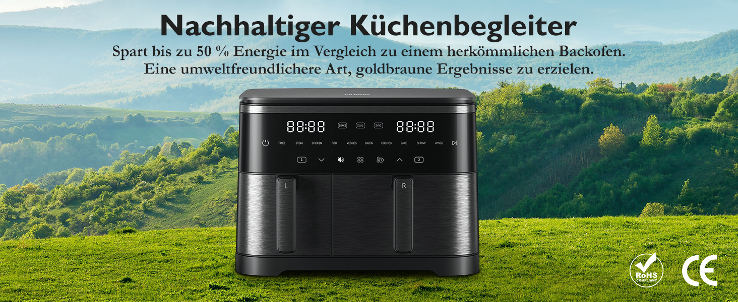 Електрична фритюрниця повітряна 11л, 2 камери з грилем, 10-в-1, без олії, з нагадуванням про струшування <60дБ, з антипригарним покриттям, 78 рецептів