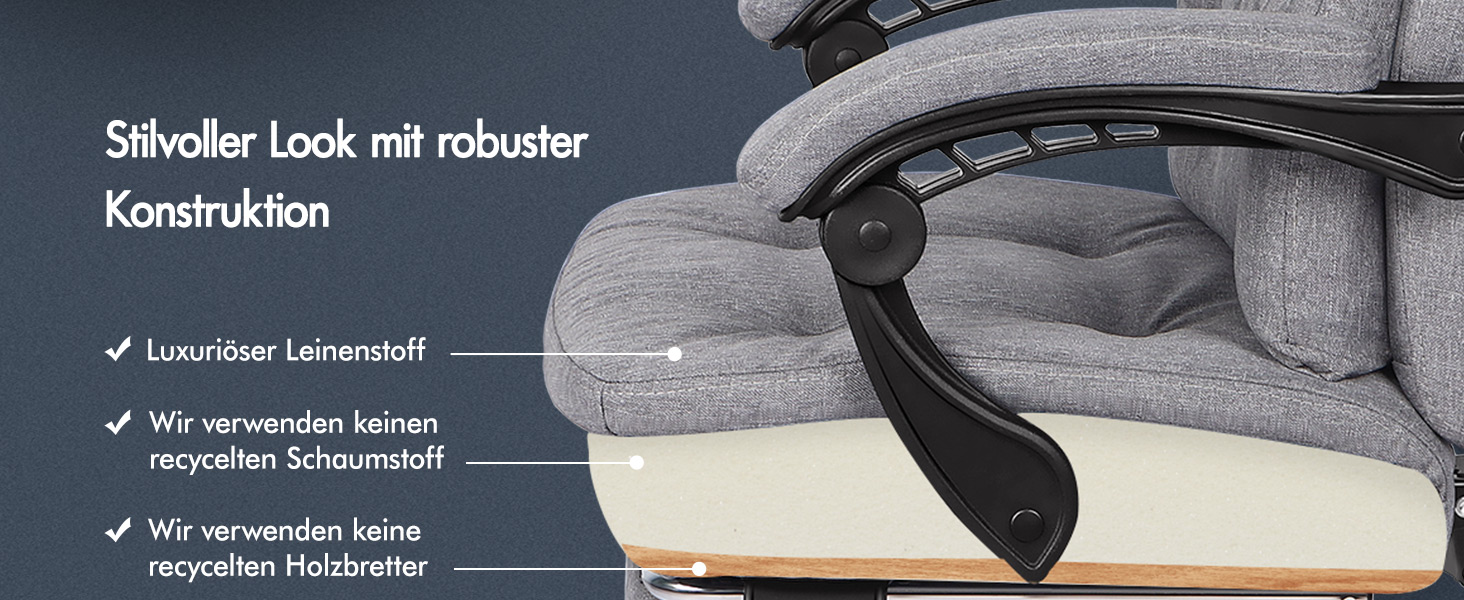 Офісне крісло ALFORDSON з регулюванням нахилу 150°, обертання 360° та підставкою для ніг, PU-шкіра, глянцево-чорний (Palmer - сірий льон)