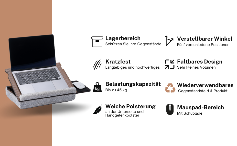 Підставка для ноутбука Vigo Wood з м'яким підлокітником - Laptray з регульованим підстаканником, стіл для ноутбука на диван, Lap Desk, регульований стійкий підстаканник для ліжка, Tray (горіх)