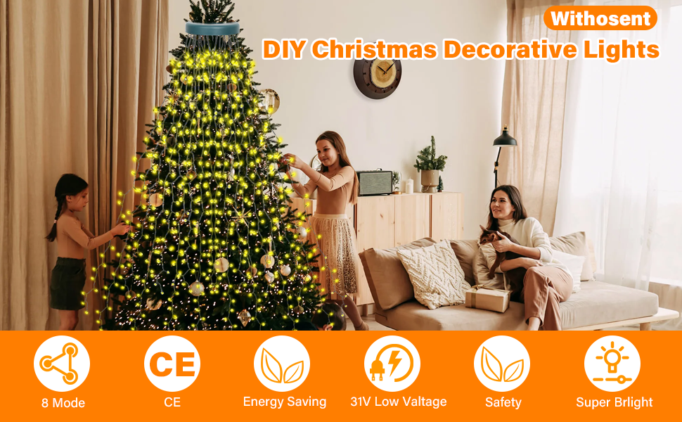 Льохтеркетка Withosent для ялинки, 2м, 400 LED, з кільцем, IP44, пам'ять, вологостійка, 8 режимів, тепле біле світло, для декору ялинки в приміщенні та на вулиці