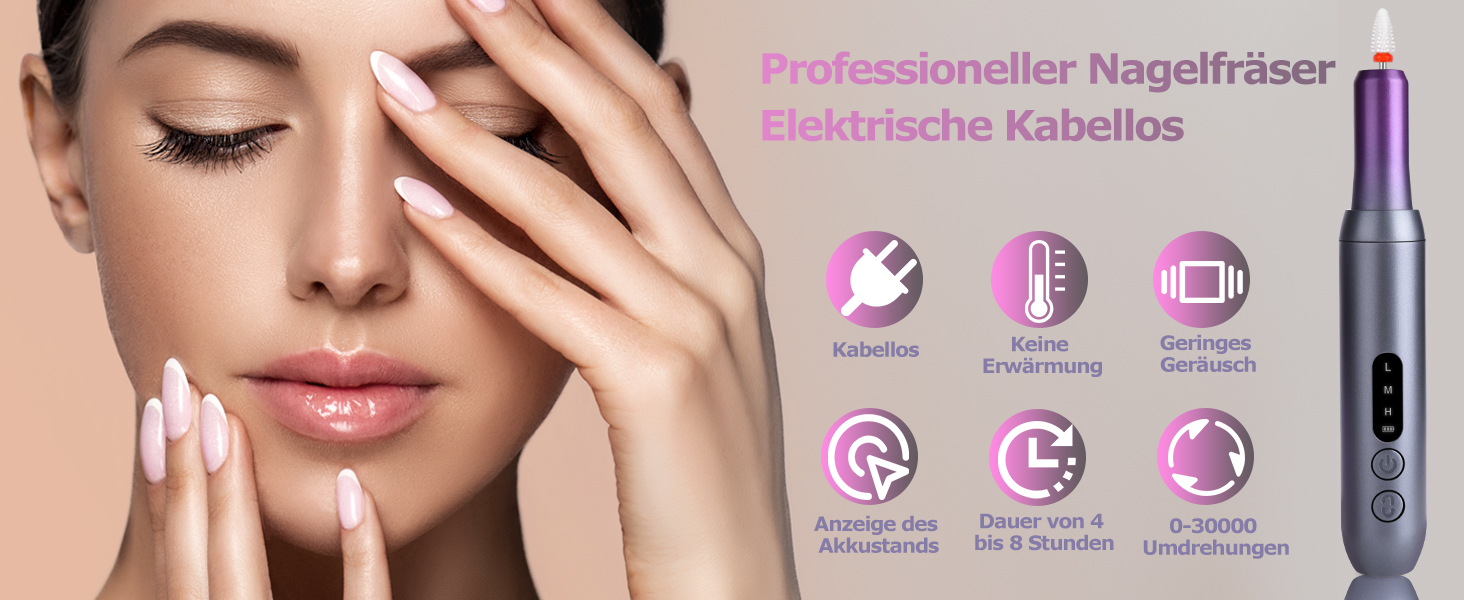 Електричний нагрівач для гелевих нігтів (манікюр/педикюр) з LCD-дисплеєм, 30000 об/хв, 3 швидкості, USB, сірий/фіолетовий