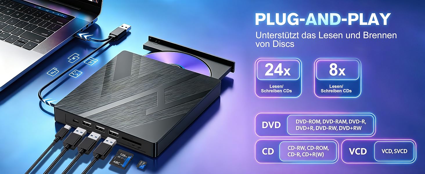 Зовнішній CD/DVD привід varkda USB 3.0 та USB-C, портативний оптичний накопичувач та записувач для ноутбука, ПК, Mac, Windows, Linux (8 в 1, чорний)
