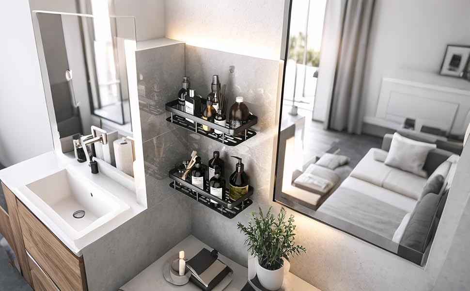 Полка для душу без свердління, алюмінієва полиця для душу, самоклеюча, чорна (2 шт.)