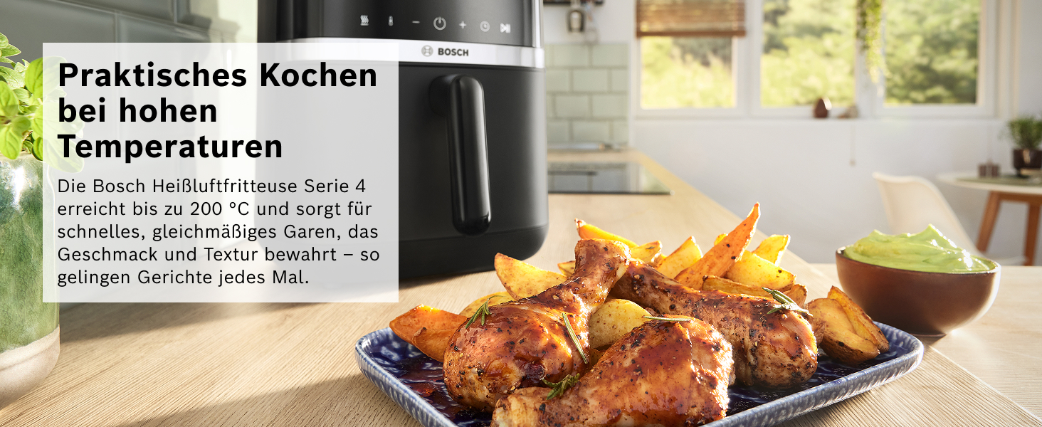 Фритюрниця повітряна Bosch Serie 4, XL, 6.1 л, чорна, 7 програм, розморожування, підігрів, сенсорний дисплей, MAF462B0