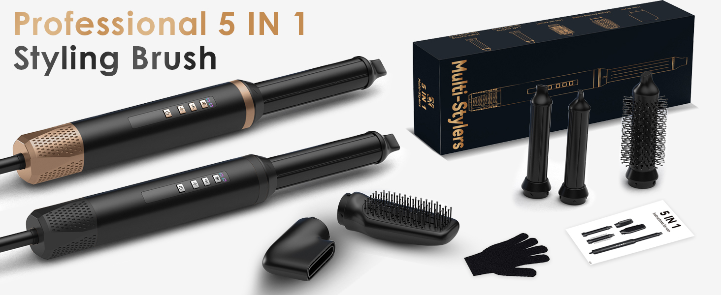 Набір для укладки Journeyside Airstyler: щітка-фен, плойка, випрямляч, 5 насадок, 1000W, чорний та золотий