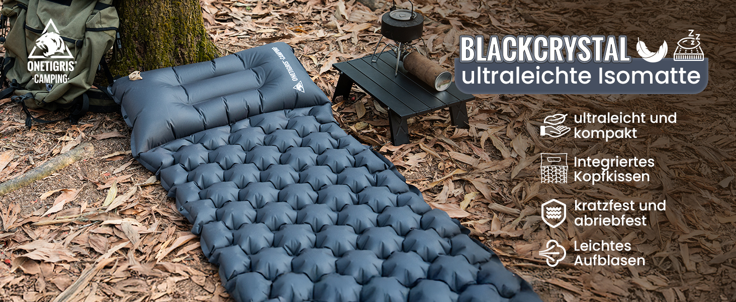 OneTigris BLACKCRYSTAL Self-Inflating Camping Mat with Pillow - Ultralight Air Mattress for Tent, Backpacking & Hiking