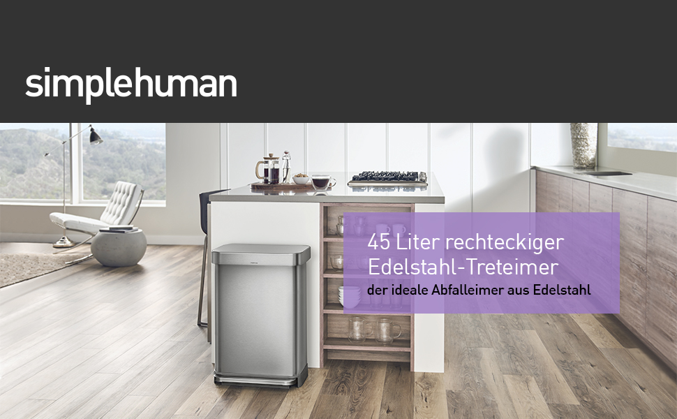 Сміттєвий бак Simplehuman 45 л з педальним приводом, прямокутний, з відділенням для пакетів, нержавіюча сталь, сірий пластиковий кришка