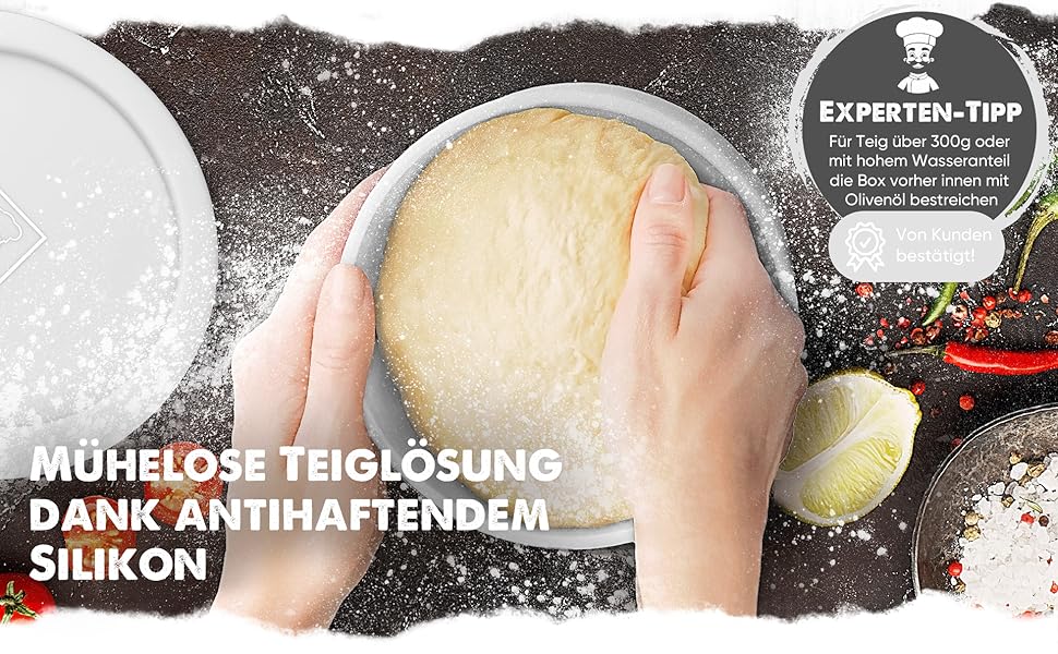 Pizza Ball Box with Lid, Set of 6 - Ideal as a pizza box, dough box, proofing box. Suitable for up to 350g of pizza dough. Non-stick silicone, freezer and dishwasher safe, food grade.