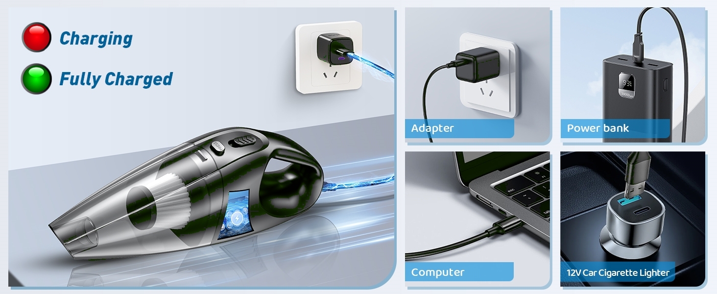 Ручний пилосос бездротовий 120W чорний: для дому, авто, дивана, килима. З USB зарядкою, 2 фільтри, 3 насадки