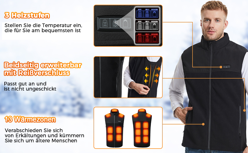 Електрична гріюча жилетка з флісу для чоловіків та жінок, 13 зон обігріву, 3 режими температури, Powerbank 10000mAh, Ritter, чорна