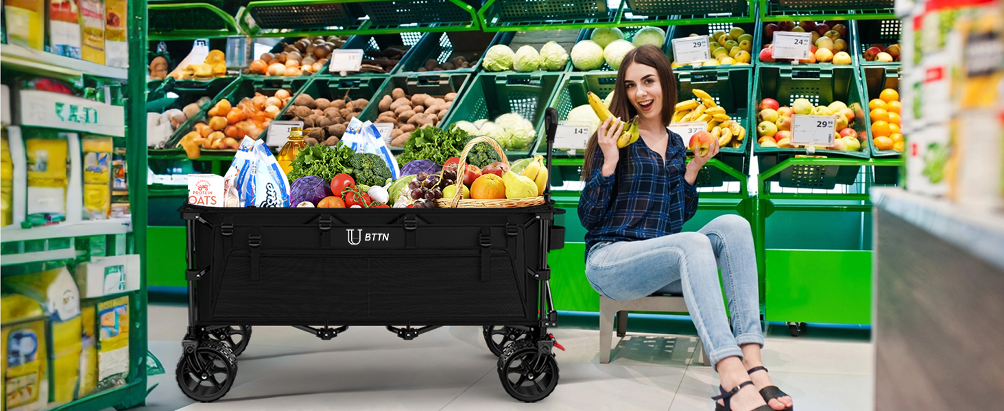 Візок садовий BTTN XXXL 300л, 210кг, чорний - складаний, з гальмами, широкі колеса 18x10 см для саду, пляжу, кемпінгу та покупок
