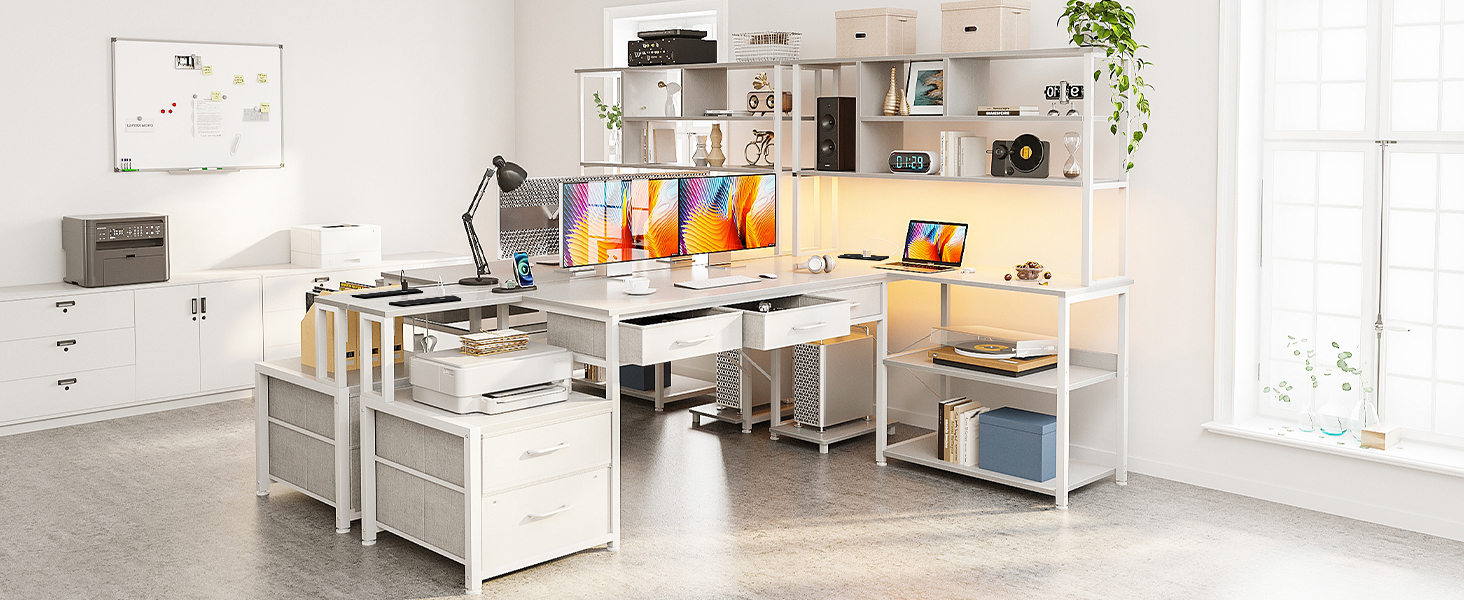 Комп'ютерний стіл Coleshome з 5 шухлядами та 4 полицями 180x100 см, L-подібний стіл з LED-підсвіткою, розетками та USB, великий стіл для home office, білий