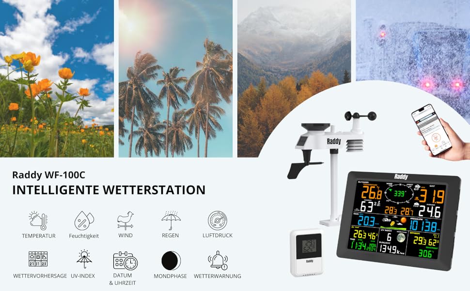 Метеостанція Raddy WF-100C з датчиком температури та вологості, Wi-Fi, 14-в-1: цифровий термометр для дому, офісу, спальні в подарунковій коробці