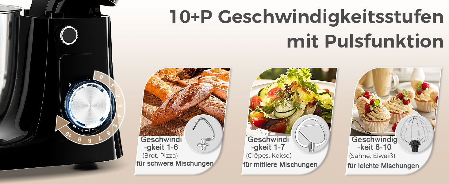 Кухонна машина YASHE 1500W з чашами 4.5 та 5L, 10+ швидкостей, нахильний корпус, гак для тіста, вінчик та насадка для збивання, багатофункціональна