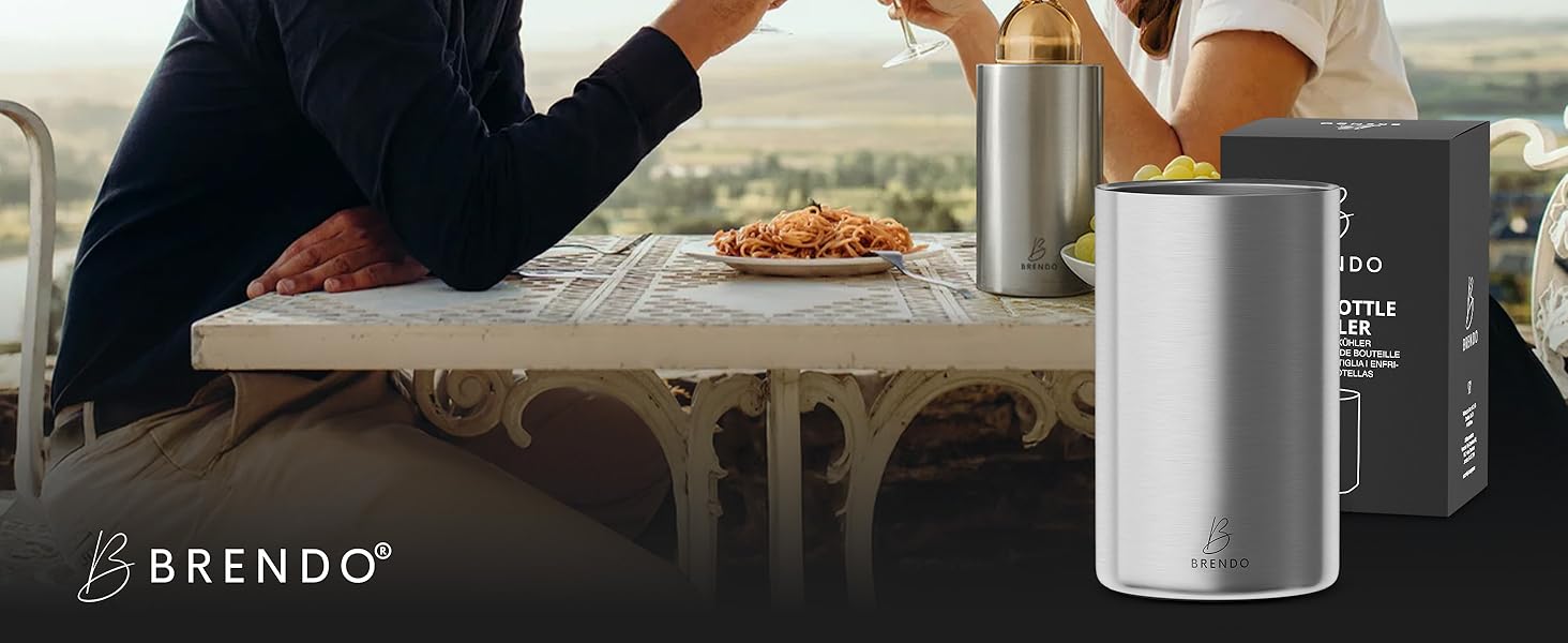 Охолоджувач для пляшок та шампанського Brendo Weinkühler Edelstahl - подвійний, ізольований, срібляний | Охолоджувач для вина, шампанського, белого вина | Подарунковий набір для чоловіків та жінок