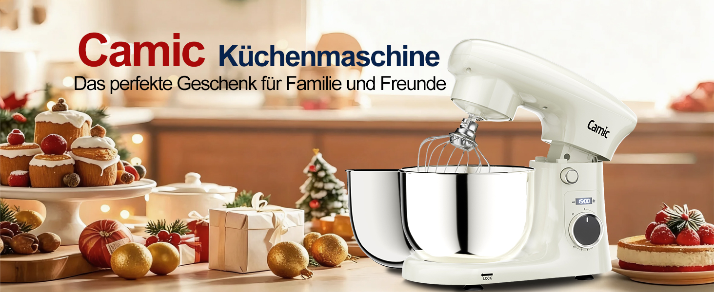 Кухонна машина Camic з 3 насадками (гак, міксер, вінчик), планетарний міксер з LED-дисплеєм, 10 швидкостей, 2 чашами з нержавіючої сталі 4Л та 5Л, для тіста, хліба, піци та тортів (Білий)