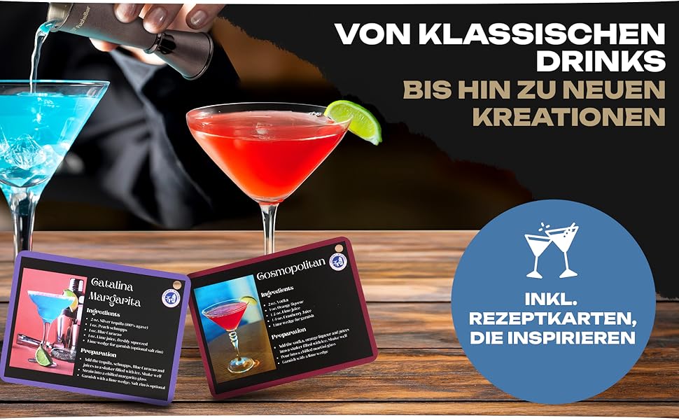 Набір для коктейлів FuchsBar, 8 предметів, нержавіюча сталь, шейкер, барне сито, ложка, рецепт-картки та аксесуари — ідеальний барний комплект для дому, вечірок та подарунка