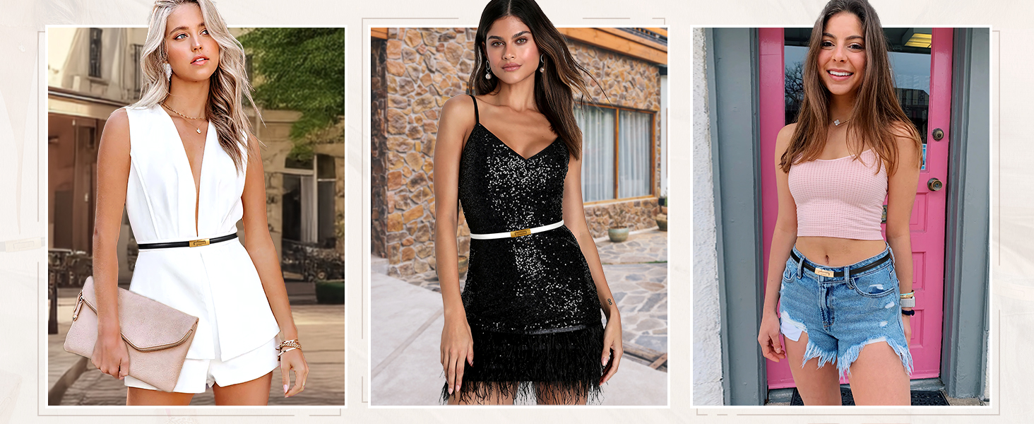 Жіночий шкіряний ремінь WERFORU - тонкий, регульований, з декоративною золотистою пряжкою, чорний+коричневий, довжина 105 см, розмір талії до 93 см