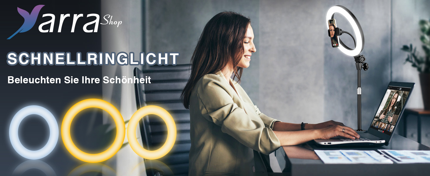 Кільцеве світло 10.5” з штативом, LED, 3 кольори + 10 рівнів яскравості для селфі, відеоконференцій, YouTube, TikTok, макіяжу, ноутбука, чорний