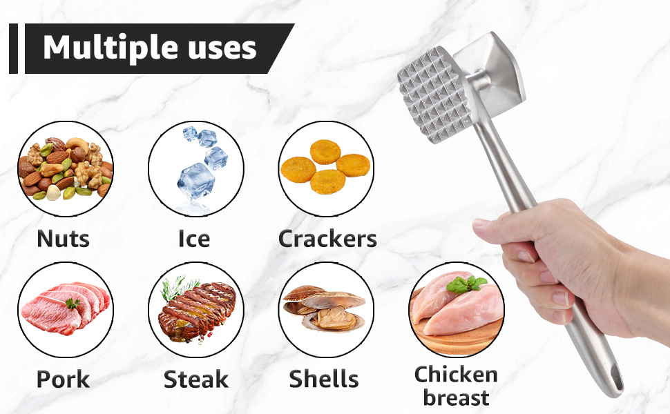 АКОЛАФЕ Fleischklopfer: М'ясорубка для відбивання м'яса з нержавіючої сталі, 26 см, подвійна сторона, для стейків, курки, свинини, реберець, антипригарне покриття, з отвором для підвішування, придатна для миття в посудомийній машині