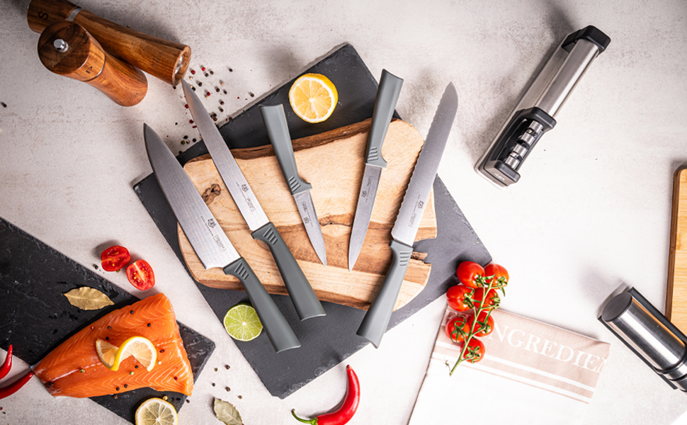 Набір ножів Karl Hausmann 5 предметів: набір ножів, ніжний блок, кухонні ножі з нержавіючої сталі (сірий)