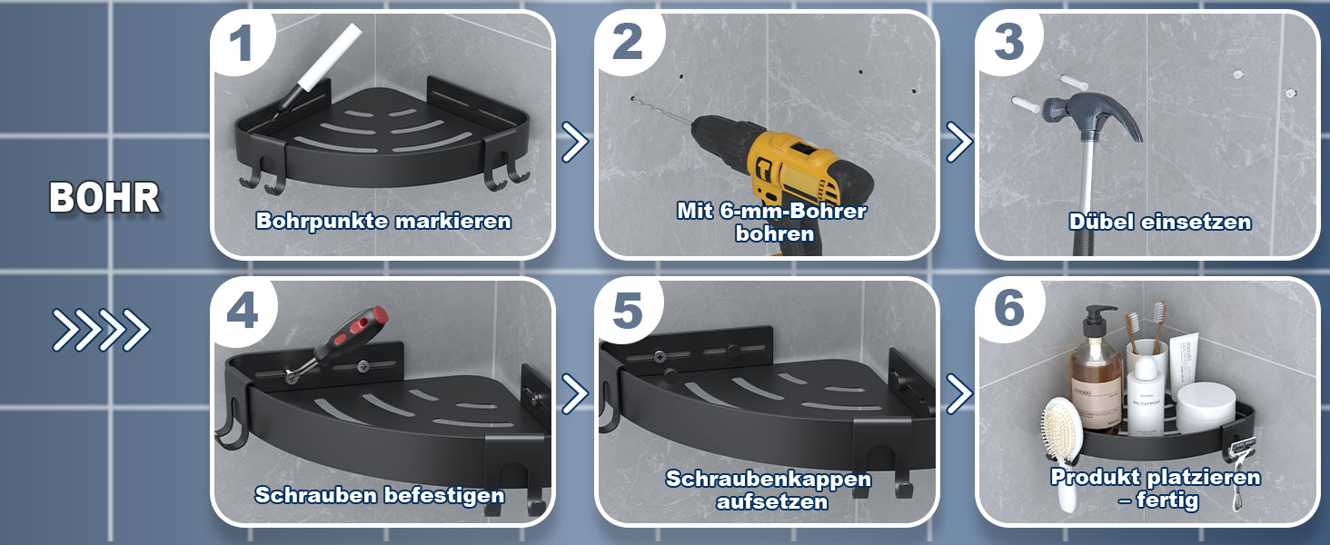 Дзеркальна поличка для душу кутова без свердління чорного кольору, 2 шт. з гачками для шампуню та мила, захист від іржі