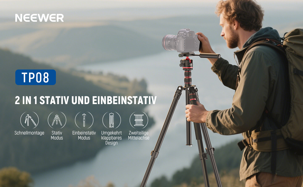 Штатив-монопод NEEWER BASICS TP08 для DSLR та відеокамер, компактний легкий штатив для подорожей з 360° кульковою головкою, Arca-типом швидкої зміни та реверсивною центральною колоною, навантаження до 6 кг