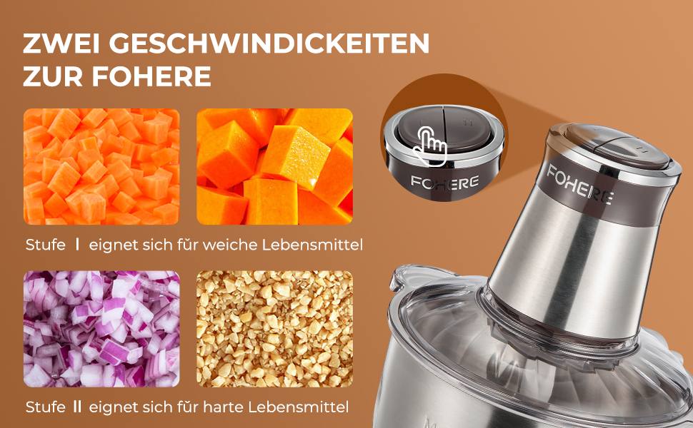 Електричний подрібнювач FOHERE для кухні, 350W, з чашею 2.5л з нержавіючої сталі та 2 швидкостями, 4 леза з нержавіючої сталі для м'яса, цибулі та овочів