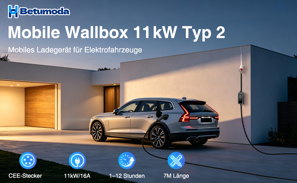 Зарядний пристрій для електромобілів Mobile Wallbox 11 кВт Typ 2, 7м кабель CEE 16A, регульована потужність, для EV/PHEV
