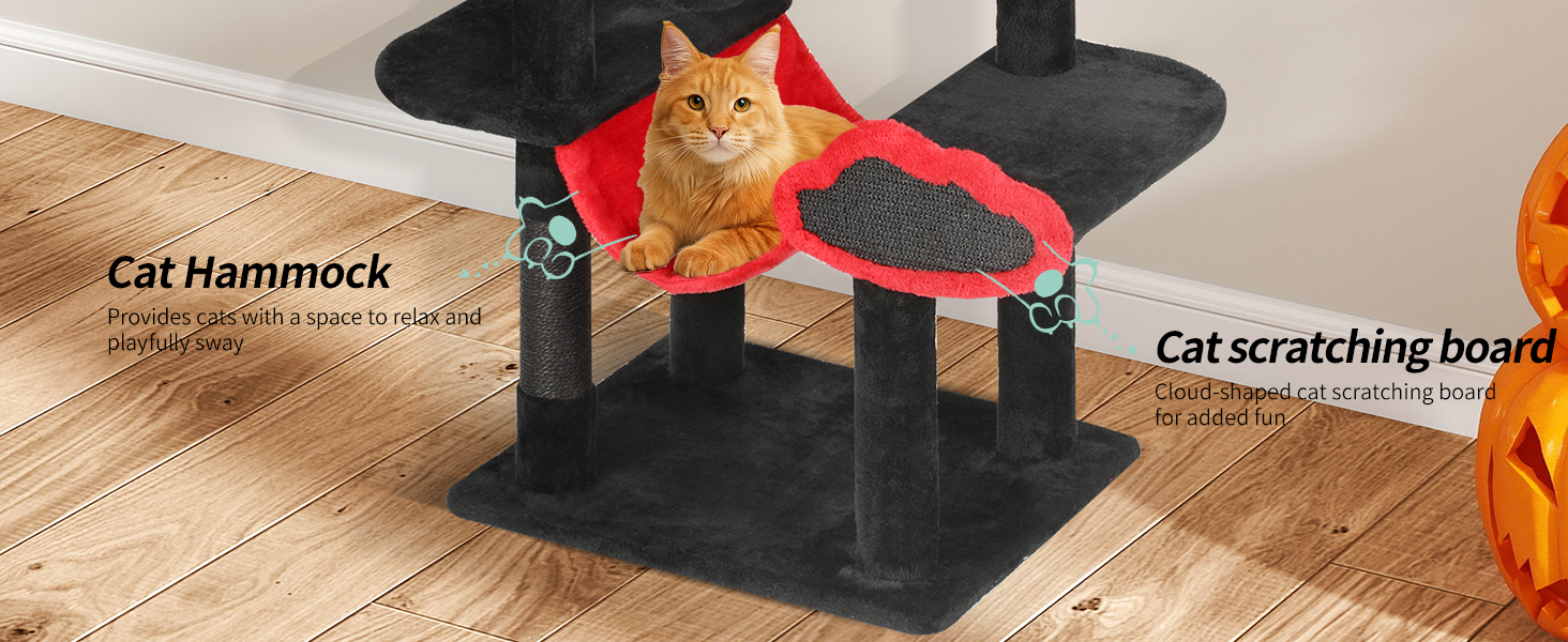 Котячий комплекс YITAHOME XXL, 142 см, з 8 стовпчиками сизалю, 3 платформами, 2 хованками, гамаком, іграшками, чорно-червоний