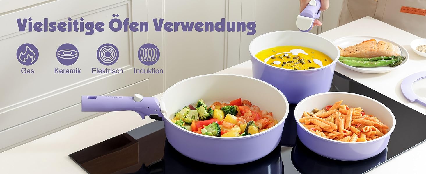 Набір посуду SENSARTE Keramik 17 предметів: каструлі, сковороди з антипригарним покриттям та знімними ручками, для всіх типів плит, можна мити в посудомийній машині та використовувати в духовці, фіолетовий колір