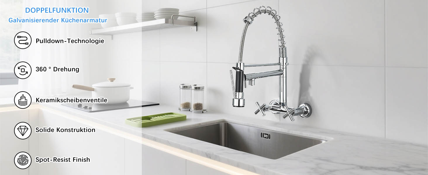 Кухонний змішувач з поворотним виливом 360°, з двома виходами, високий вигин, спіральна пружина, для мийки, брашований нікель (хром)