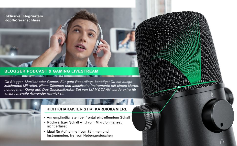 Конденсаторний мікрофон CSL з мікрофонною стійкою - Комплект для запису вокалу, подкастів, стрімінгу та геймінгу. XLR та 3.5mm підключення, велика мембрана, студійний мікрофон