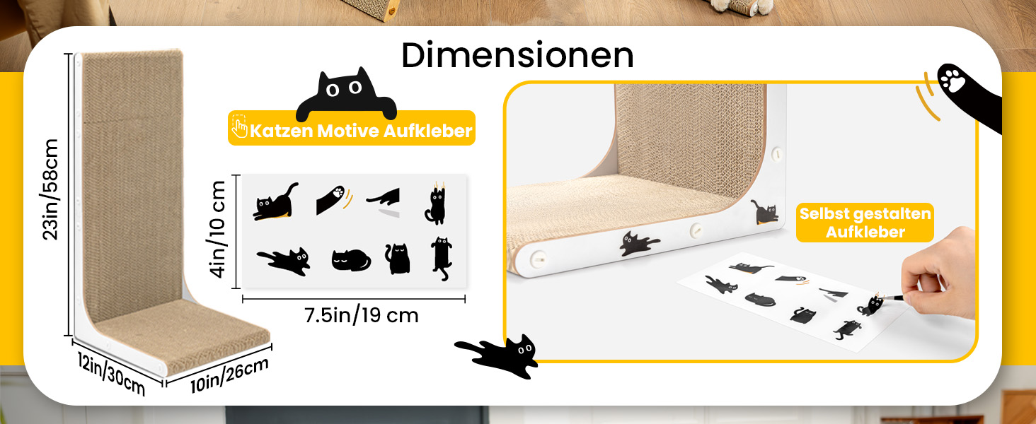 Кігтеточка для котів з коробкою та 4 змінними шарами з картону - великі кігтешні меблі з міцного гофрокартону, двосторонні шари з картону з наклейками DIY - лежанка для котів у квартирі, захист меблів. Велика коробка для котів + 4 кігтешні стовпчики + наклейки (великий, L-подібний)